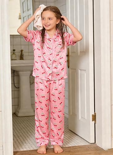 Fanient Girls Silk Pyjamas Set Colorful Printed Sleepwear Button-Down Pjs Short Sleeve Satin Nightwear for Girl 7-14 Years thumbnail 2