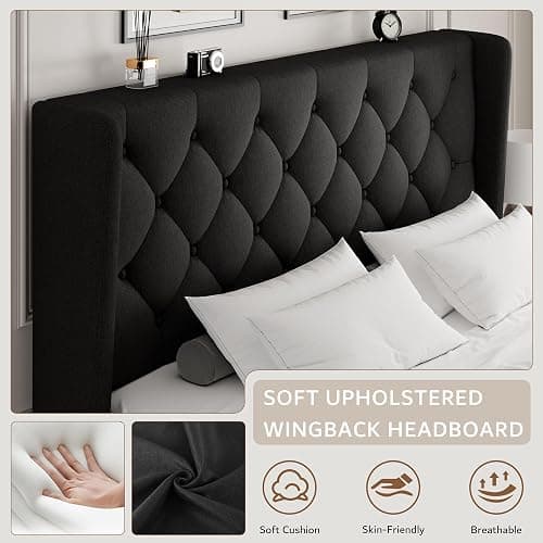 iPormis Full Size Platform Bed Frame with Button Tufted Headboard, Upholstered Bed Frame with Solid Wooden Slats, 8" Underbed Space, No Box Spring Needed, Noise Free, Easy Assembly, Black thumbnail 3
