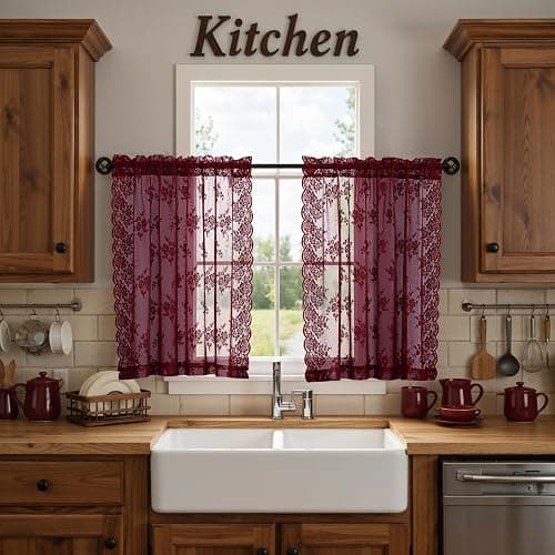 Kotile Burgundy Lace Curtains Short 30 Inch Length 2 Panels Cottagecore Floral Maroon Sheer Kitchen Curtains Over Sink, Rod Pocket Privacy Light Filtering Window Lace Cafe Curtain, 42 x 30 Inch - Image 1