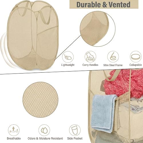 BATTOO Deluxe Strong Mesh Pop up Laundry Hamper Basket with Side Pocket for Laundry Room, Bathroom, Kids Room, College Dorm or Travel Beige thumbnail 7