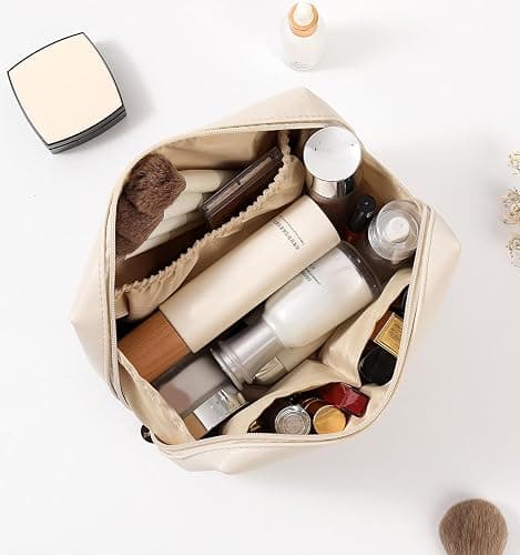 Aveniee Travel Makeup Bag Small, Vegan Leather Cosmetic Pouch for Purse, Wide-open Toiletry Organizer with Dividers & Zipper for Women-Beige thumbnail 6