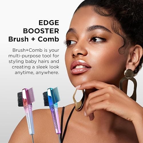 Style Factor EDGE BOOSTER® Edge Brush+Comb Mini | Baby Hair Brush/Travel Brush with Compact Case | Travel Size Dual-Ended Boar Bristles & Pintail Comb for Edges, Parting & Styling | Pink/White thumbnail 3