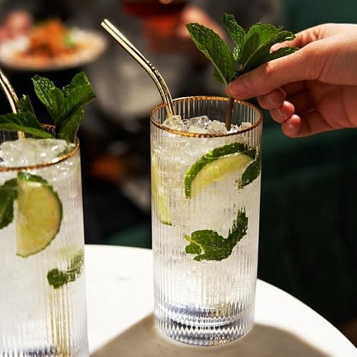 Viski Meridian Highball Glasses Set of 2 - Vintage Drinking Glass, Art Deco Ripple Glassware Design, 15oz Gold Rimmed Collins Glasses Set thumbnail 2