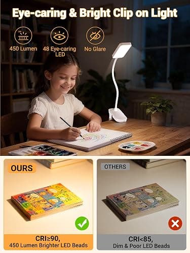 Clip on Lamp, 9 Brightness+5 Colors Reading Lights for Books in Bed Lamp | 4000mAh Battery Clip on Light,450 Lumen Rechargeable Desk Lamp for Dorm Lamp,Book Light for Reading in Bed Headboard/Bedside thumbnail 5