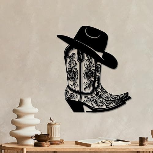 Rajukit Cowgirl Boot Hat Metal Wall Decor for Home | Farmhouse western cowboy boot with hat wall art. Vintage rustic decor for bedroom, bathroom. Size: 11.8 x 10.2 inches. Black. thumbnail 2