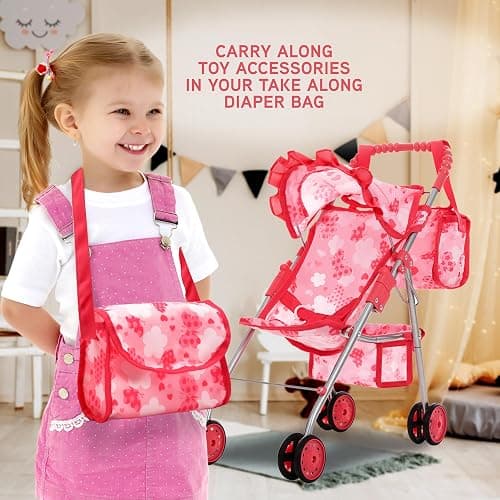 Dolls To Play Baby Doll Stroller Bed and Seat Nursery Playset, Accessories Furniture Set High Chair Diaper Bag Role Play Deluxe Set thumbnail 2