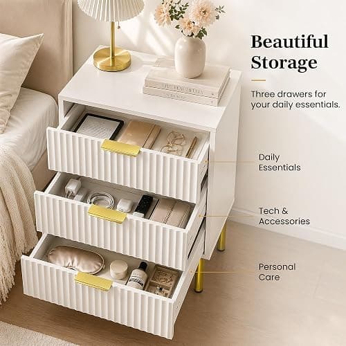 RIHHA White and Gold Nightstands Set of 2, 24" Tall Fluted Bedside Tables with 3 Drawers and Gold Handles, Ribbed Side Table Pair thumbnail 4