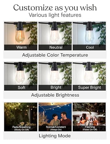 Brightech 48 (42+6) FT Ambience Pro Outdoor Solar String Lights - Bright Remote Control Color Adjustable Solar Light - Commercial Grade, 15 Waterproof LED Bulbs for Patios, Camping, Yard, Outside thumbnail 5