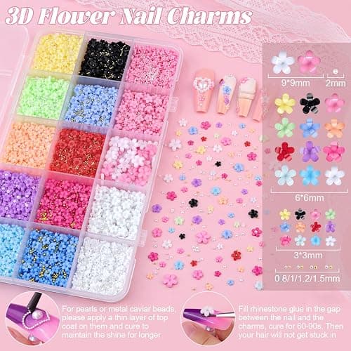 3D Flower Nail Charms for Nail Art, Cute Colorful Acrylic Floral Nail Charms with Caviar Beads and Flatback Pearls, Spring Blossom Petal for Manicure Nail Decor DIY thumbnail 2
