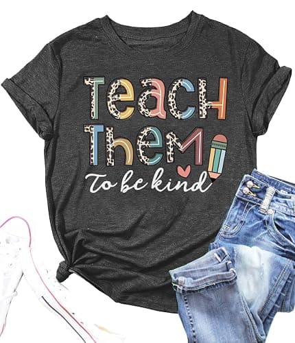 MOUSYA Teacher Shirt for Women Teach Them to Be Kind Shirt Funny Letter Print Colorful Leopard Pattern Teacher Life Shirt - Image 1