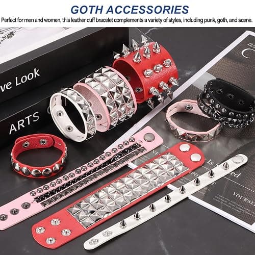 MECCANIXITY Rock Punk Studded Leather Bracelet Set, Goth Spiked Cuff PU Wristband Adjustable Bracelets Emo Grunge Accessories Halloween Party Favors thumbnail 4