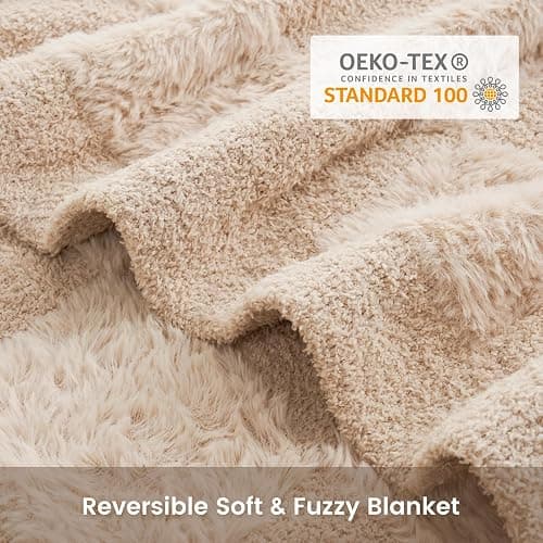 Snuggle Sac Checkered Throw Blanket Faux Fur Microfiber Blankets for Couch,Cozy Soft Warm Blanket for Sofa Bedroom Living Room,Solid Beige,50x60 inches thumbnail 7