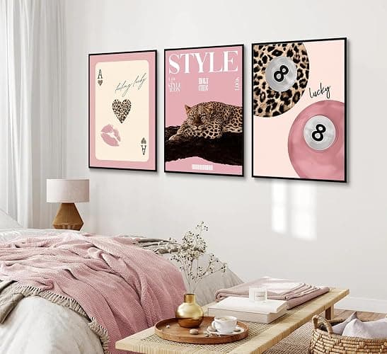 Set of 3 Trendy Pink Leopard Canvas Wall Art Funky Lucky 8 Ball Posters Prints Preppy Room Aesthetic Cheetah Wall Decor Pictures for Girls Bedroom Apartment Dorm Decoration Unframed thumbnail 6