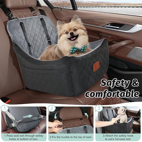 Lealchum Dog Car Seat for Dogs Up to 35lbs,Fully Detachable and Washable,Memory Foam Covered Soft Fabric,Easy to Install with Adjustable Straps,Anti-Slip Bottom,2 Side Pockets(Black/Grey,Medium) thumbnail 7