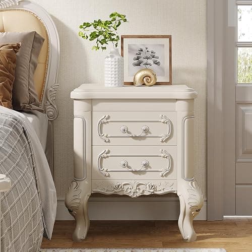 Tribesigns White Nightstand, End Table with 2 Drawers, Carved Bedside Tables, Side Table for Bedroom, Classic Bedroom Furniture, Night Stand White thumbnail 3