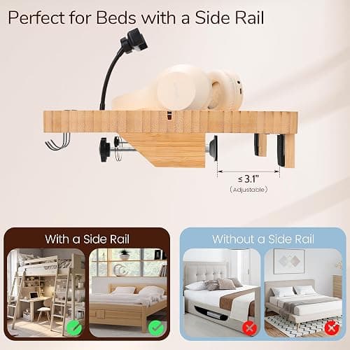 Fivebop Bedside Shelf for Dorm Bed & Top Bunk, Bamboo Bed Side Table Tray with Cup Phone Holder & Hooks, Bedside Caddy, Clip on Nightstand Bedside Storage College Dorm Room Essentials (Bamboo) thumbnail 6