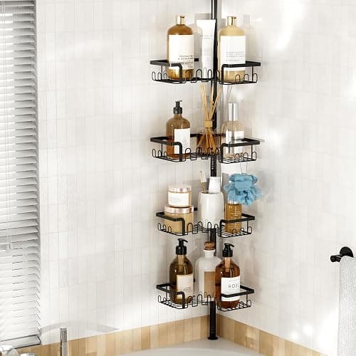 THKVESN Corner Shower Caddy Tension Pole Adjustable 29–124 Inch, 4 Tier Rustproof Shower Organizer Shelf Rack, Quick Installation Bathroom Storage Shower Caddy Corner Pole, Black - Image 1