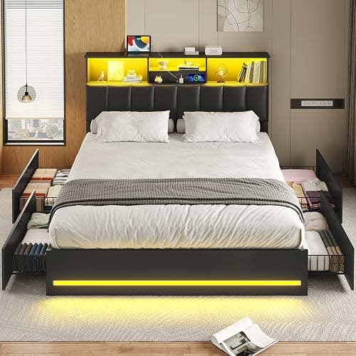 VIAGDO Queen Bed Frame with Bookcase Headboard, Wooden Bed Frame Queen Size with Charging Station, 4 Storage Drawers and LED Lights, with Type-C and USB, No Box Spring Needed, Black thumbnail 7