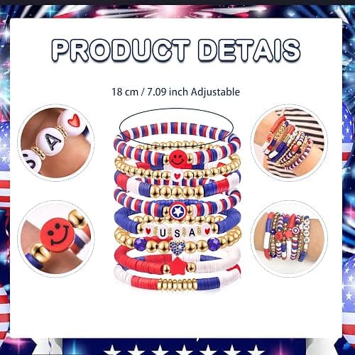 lakayfimily Independence Day Gifts for Women Men Teens Red White Blue Clay Beaded Stackable Stretch Bracelets USA Patriotic Jewelry 4th of July Accessories thumbnail 2