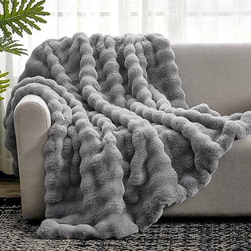 Cozy Bliss Faux Fur Throw Blanket for Couch, Fuzzy Soft Plush Thick Bubble Blanket for Sofa Bedroom Living Room,50 * 60 Inches Light Grey - Image 1
