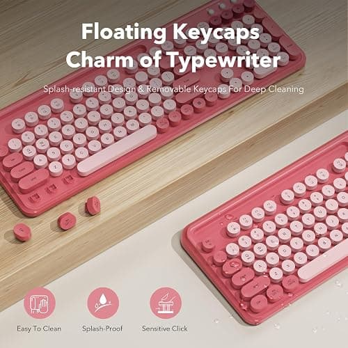 Wireless Keyboard and Mouse Combo with Phone/Tablet Holder, Cute Full-Size Typewriter-Style Keyboard, Retro Round Keycaps, 3-Level DPI Mouse, 2.4GHz Cordless Connection for Windows/PC/Laptop (Pink) thumbnail 3