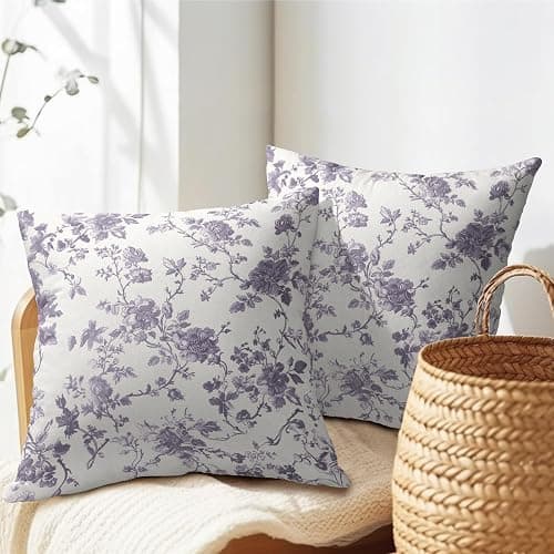 Lavender Purple Floral Pillow Covers 18x18 Inch Set of 2 Purple and Cream Chinoiserie Flower Outdoor Decorative Throw Pillows Vintage Rustic Toile Pillowcases Cushion Covers for Couch Home Decor thumbnail 2