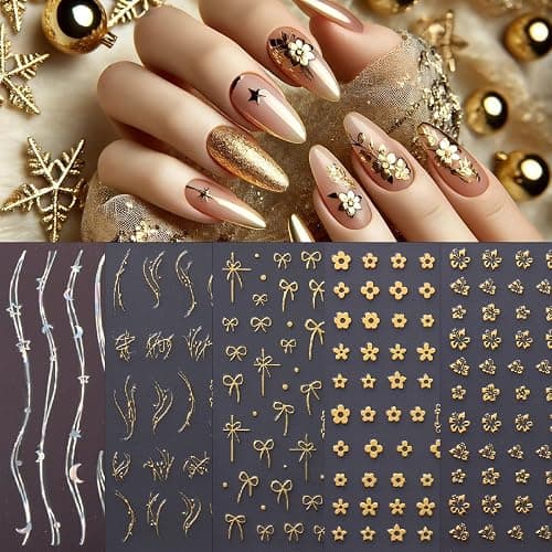 5Sheets Gold Line Nail Art Stickers 3D Self Adhesive Metal Geometric Stripe Wave Little Flower Nail Sticker Glitter Designs Nail Art Supplies Bow Sticker for Women DIY Nail Decoration thumbnail 6