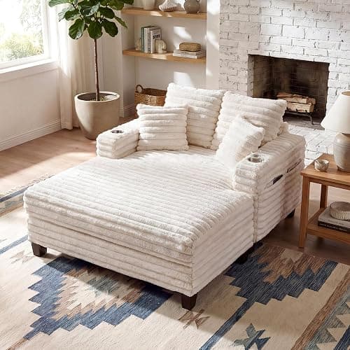 163cm Chaiselongue Sofa mit Massivholzrahmen, Big Loungesofa mit Liegefunktion für Wohnzimmer & Lese-Ecke, Einzelsessel aus Plüsch-Cord mit 2 Getränkehaltern & 4 Seitentaschen, 2 Sets Sofa-Füße, Beige - Image 1