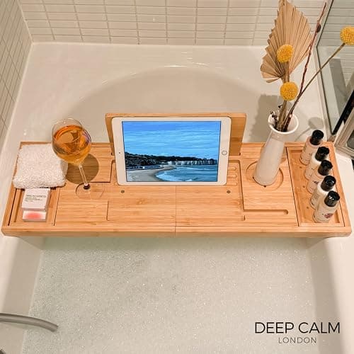 Deep Calm Bath Caddy – Foldable, Extendable Bath Tray Holds Book, iPad, Tablet, Phone, Wine Glass, Candle - Adjustable Bathtub Table – Luxury, Natural Bamboo Bath Shelf (Natural) thumbnail 7