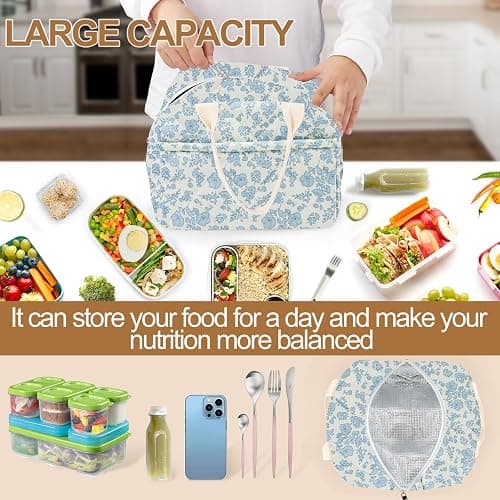 Cotton Quilted Insulated Lunch Bag, Cute Quilted Floral Lunch Tote Bags Reusable Insulated Lunch Box Coquette Aesthetic Large Capacity Insulated Cooler for Women Work Travel Picnic (Big Blue Flowers) - Big Blue Flowers thumbnail 5