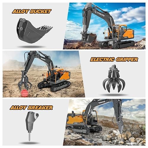 DOUBLE E Volvo 1:16 RC Excavator Toy,3 in 1 Construction Toys, 360°Rotation,Toys Digger with Metal Shovel Drill Grab RC Construction Vehicles for Kids Adults thumbnail 3