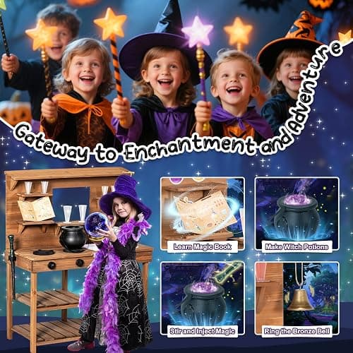 BRINJOY Mud Kitchen Playset for Kids, Wooden Magic Kitchen Set w/Wand, Recipe, Removable Sink, Faucet, Stove, Toddler Outdoor Pretend Play Kitchen, Witch Role Play, Fairy Potion, Gift for Boys Girls thumbnail 6