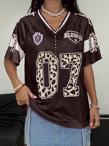 SOLY HUX Women's Y2k Leopard Number Graphic Oversized Tops Football Jersey Shirts Streetwear thumbnail 3