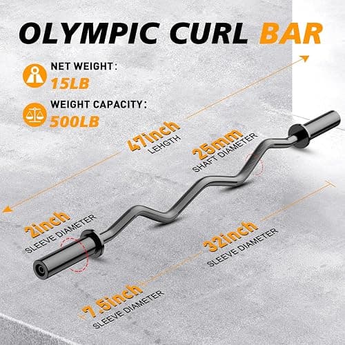Olympic EZ Curl Barbell Bar 47", 2-Inch Curl Bars for Weight Lifting,Hip Thrusts,Squat,Biceps-Home Gym Chrome Curling Bar for 2 Inch Weight Plates -2 Spring Collars(500lb Weight Capacity) thumbnail 3