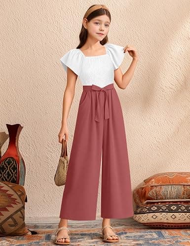 Gaupafmb Girls' Jumpsuits & Rompers Wide Leg Jumpsuit with Belt Elastic Square Neck Cap Sleeve Girls Romper Size 7-14 - Pink - 11-12Y thumbnail 2