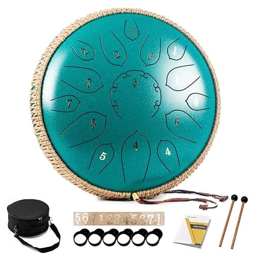 HOPWELL Steel Tongue Drum - 15 Note 12 Inch Tongue Drums - Percussion Instruments - Hand Pan Drum with Music Book, Drum Mallets and Carry Bag, D Major, Malachite Green - Image 1