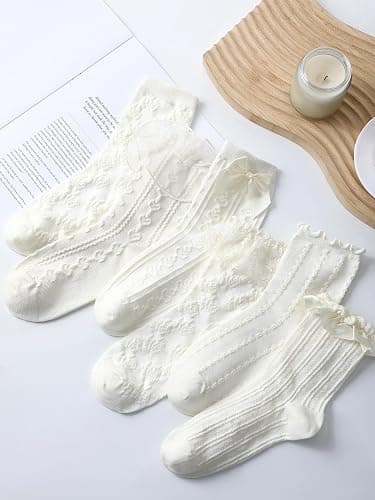 Fourluoo 6 Pairs Ruffle Socks Women Frilly Lace Ankle Socks Cream Lolita Princess Bow Breathable thumbnail 2