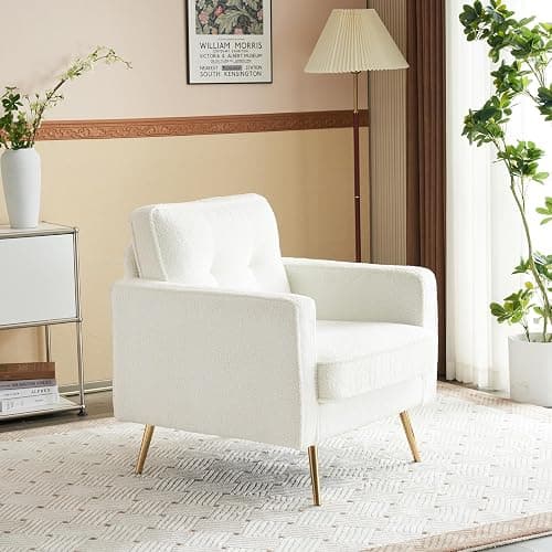 VINGLI Upholstered Living Room Chairs White Accent Chair Fluffy Teddy Fabric Mid Century Modern Sofa Chairs with Arms, Gold Legs for Reading, Bedroom, Waiting Room thumbnail 8