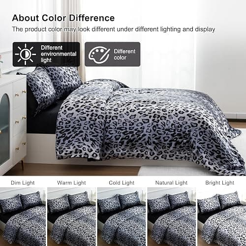 A Nice Night Leopard Printed，Silver Grey Satin Silky Soft Quilt Sexy Luxury Super Soft Microfiber Comforter Quilt Bedding 5PCS Comforter Set, Light Weighted (Silver, Queen(88-by-88-inches)) thumbnail 9