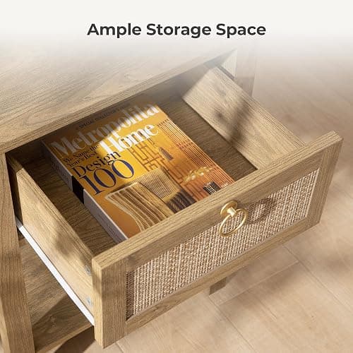 SICOTAS Rattan Nightstand Set of 2, Rattan Decor Drawer with Brass Knobs Night Stand Bedside Table Boho End Tables Side Tables with Storage Shelf for Bedroom,Small Space thumbnail 4