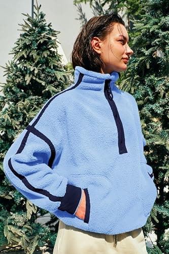 Panadila Womens Half Zip Sherpa Fleece Pullover Soft Oversized Sweatshirt with Pockets Warm Fuzzy Sweater thumbnail 3