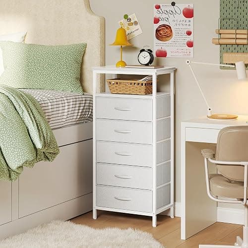 Huuger White Dresser with 5 Drawers & Charging Station, Tall Dresser for Bedroom, Tall Night Stand with PU Leather Finish, Open Shelf, Nightstand for Bedroom, Closet, Hallway, Entryway thumbnail 2