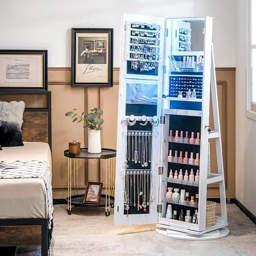 CHARMAID Swivel LED Mirror Jewelry Cabinet Armoire, Full Length Mirror with Storage, 3 Color & Adjustable Lights, Lockable Standing Jewelry Organizer with Lighted Mirror (White) thumbnail 9