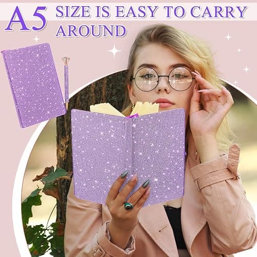 Resholder Purple A5 Rhinestone Notebook & Pen Set Bling Diary for Girls | Hard Cover Glitter Journal for Women, Sparkly Desk Accessories Gift for Women, Cute Classroom Supplies for Back to School thumbnail 5