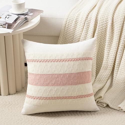 Fancy Homi Set of 2 Boho Pink Decorative Throw Pillow Cover 22x22 Inch for Couch Bed Sofa, Aesthetic Modern Organic Farmhouse Home Decor, Soft Cotton Cute Accent Macrame Woven Cushion Case thumbnail 2