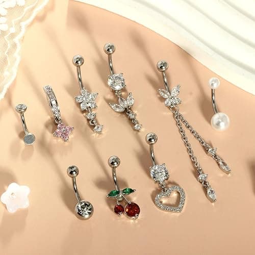 TIANCI FBYJS Belly Button Ring Dangle Surgical Stainless Steel Clicker Belly Rings 14G Floating Belly Piercing Cute Cherry Butterfly Heart Navel Ring Belly Button Piercing Jewelry Barbell for Women thumbnail 6
