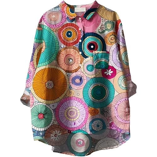 YABTF Womens 3/4 Sleeve T Shirts Geometric Whimsical Print Shirt Dressy Casual Half Button Collar Tunics Fall Top with Pocket - Image 1