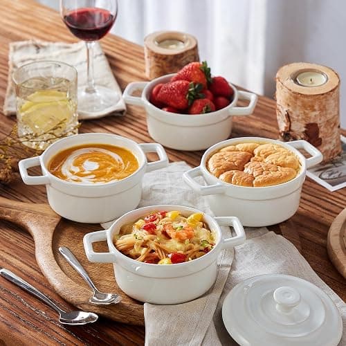 Lareina Mini Cocotte 12oz Ceramic Casserole Dish Set with Lid, White | Small casserole ramekins with handles, oven, microwave & dishwasher safe. Perfect for baking, serving, and individual meals. thumbnail 4