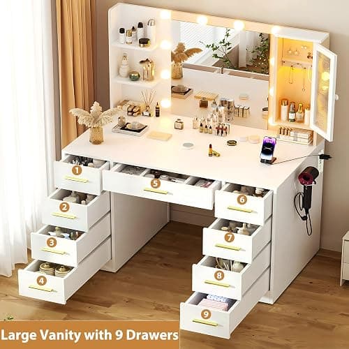 ERLEJIA Vanity Desk with Mirror and Lights, Large 43" White Makeup Vanity Desk with 9 Drawers and Power Outlet, 3 Open Shelves and 1 RGB Lighting Cabinet, White and Gold thumbnail 4