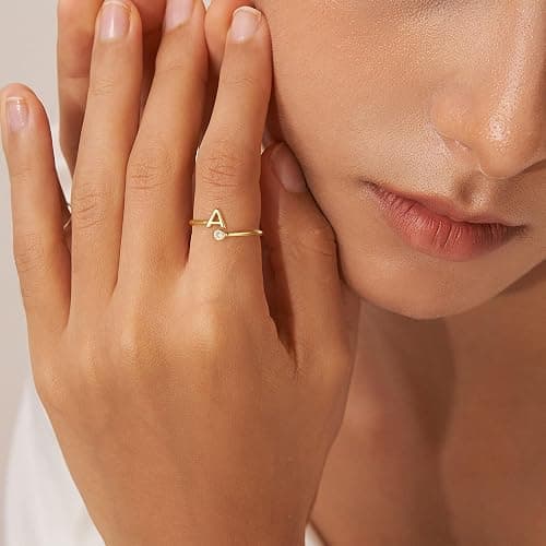 Turandoss Rings for Women Girls - Non Tarnish Dainty 14K Gold Plated Adjustable Letter Rings for Women Teen Girls, Stackable Cute Thumb Pinky Fashion Unique Open Simple Birthday Gifts Jewelry thumbnail 3